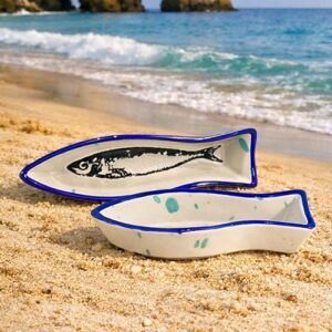 Keramik-Schale Fischform 16 x 4 cm Sardinen-Motiv mit Klecksen, ofenfest (16 cm, Portugal)