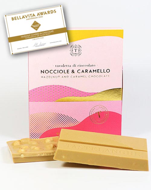 Karamell-Schokolade mit ganzen gerösteten Haselnüssen IGP, Tastëlanghe 110g