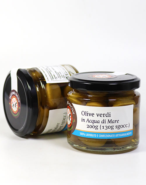 Grüne Oliven in Meerwasser - Olive verdi in Acqua di mare 200g/135g, Tasting Sicily