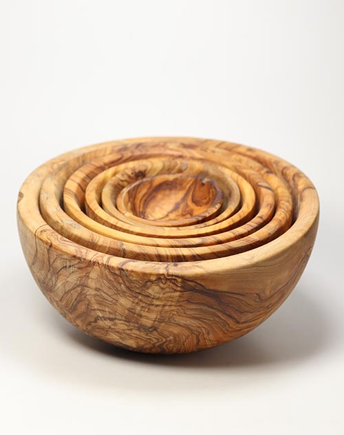 6 Olivenholz-Schalen im Set, handgefertigt in Umbrien