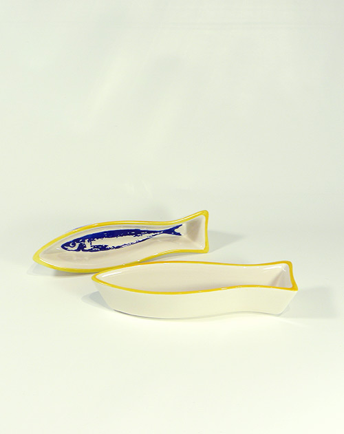 Keramik-Schale Fischform 16 x 4 cm Sardinen-Motiv, Rand gelb, ofenfest (Portugal)