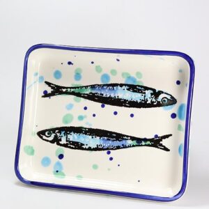 Kleine Servierplatte Sardinen-Motiv 16 x 14 cm mit Klecksen, ofenfest (Portugal)