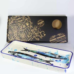 Servierplatte Sardinen-Motiv mit Wet-Painting lang 35 x 15 cm, ofenfest (Portugal)