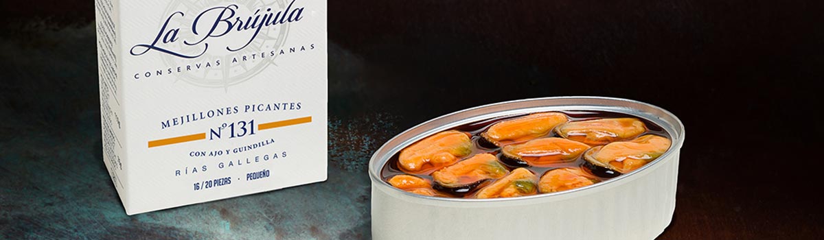 Mejillones Picantes No. 131 - Mit Knoblauch und Cayenne-Chili eingelegte Miesmuscheln aus Galicien (Spanien)